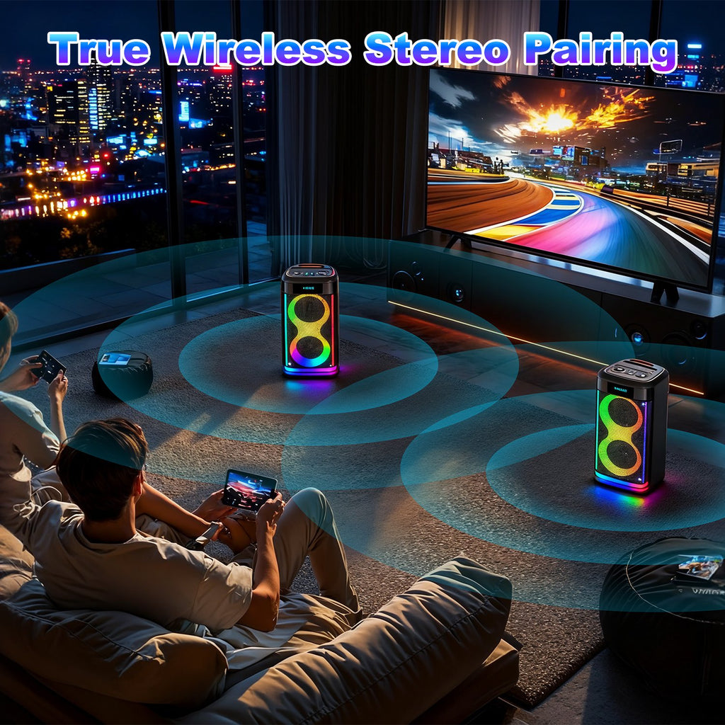 Portable Wireless Party Speaker With LED Light Wireless Mic Remote Control TWS Treble Bass Mic. Echo Music Accompany Mic. Priority Guitar In