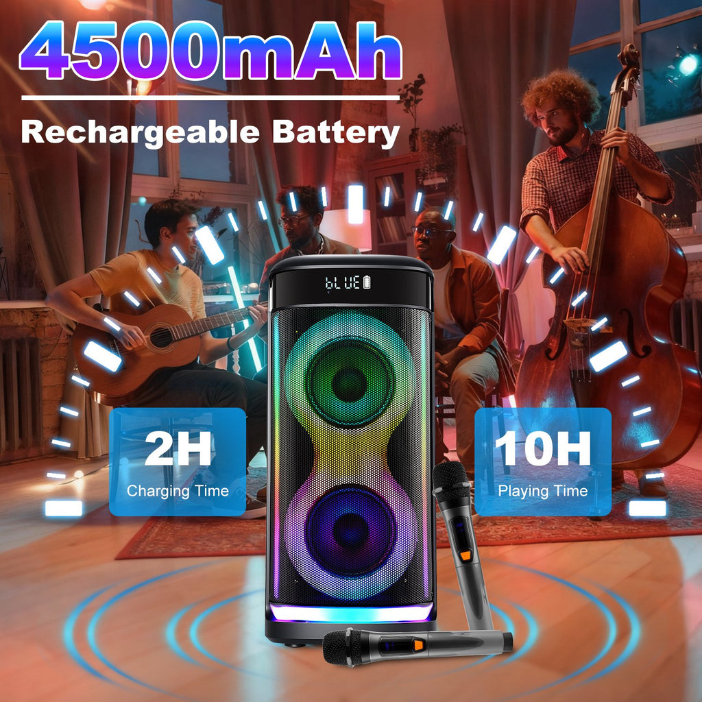 Portable Wireless Party Speaker With LED Light Wireless Mic Remote Control TWS Treble Bass Mic. Echo Music Accompany Mic. Priority Guitar In