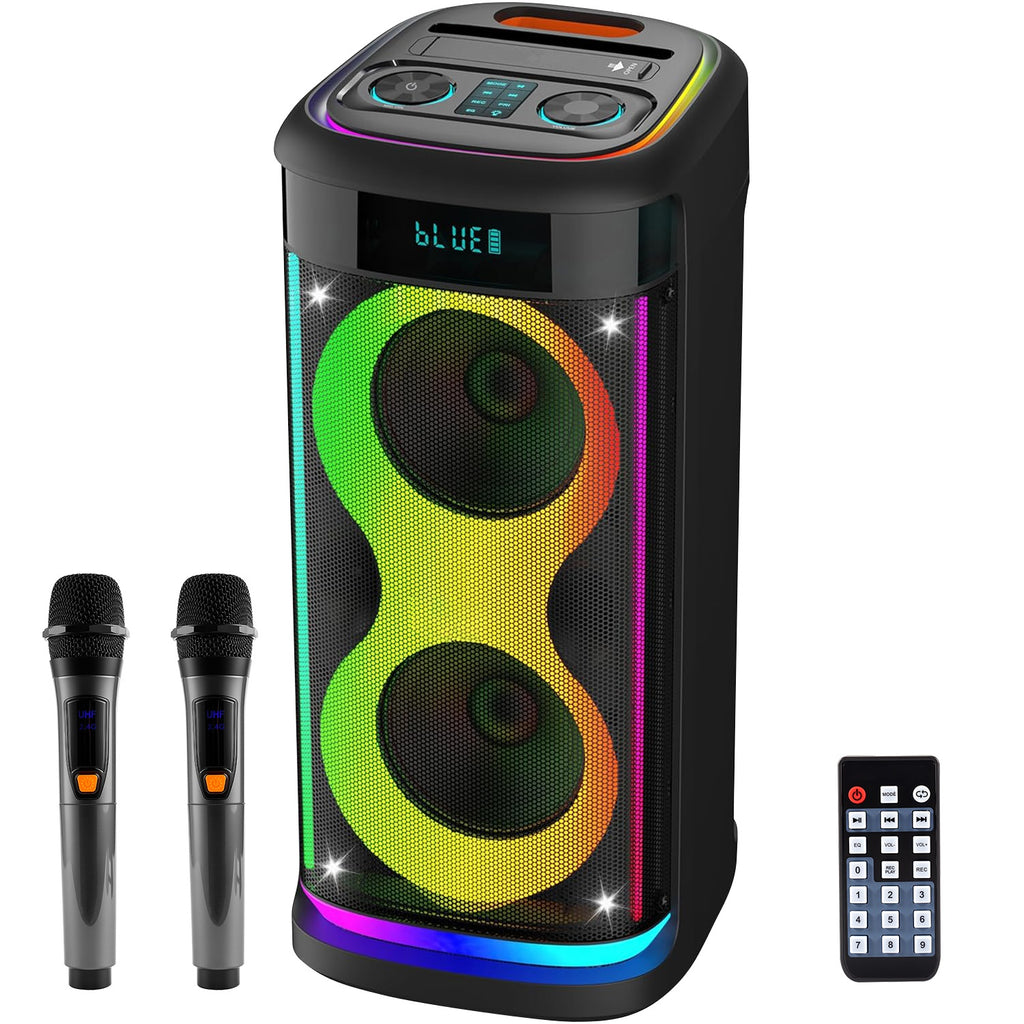 Portable Wireless Party Speaker With LED Light Wireless Mic Remote Control TWS Treble Bass Mic. Echo Music Accompany Mic. Priority Guitar In